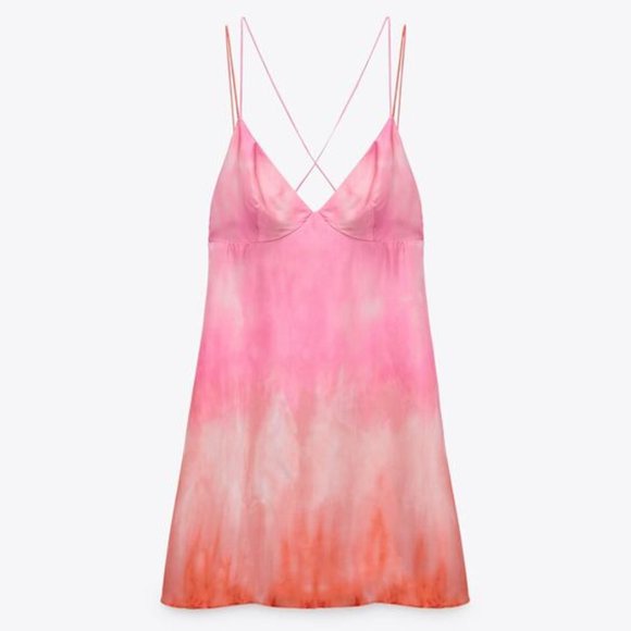 Zara Satin Tie Dye Pink & Orange Strappy Slip Dress - Picture 5 of 5